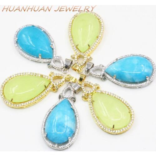 Natural Jades Stainless Steel Drop Stone Chain Pendant For Women 20x40mm Necklace & Pendants Zircon Inlay Charms Jewelry B3365