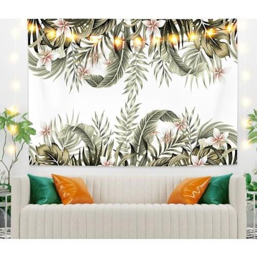 Dusty Green Leaves with Flowers Tapestry Vintage Exotic Summer Plant Nature Frame for Bedroom Photography Wall Decor