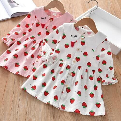 2 3 4 5 6 7 8 Years Toddler Girl Shirts Kids Strawberry Print Doll Collar Mid-length Blouse For Girl Child Clothes Tops Autumn