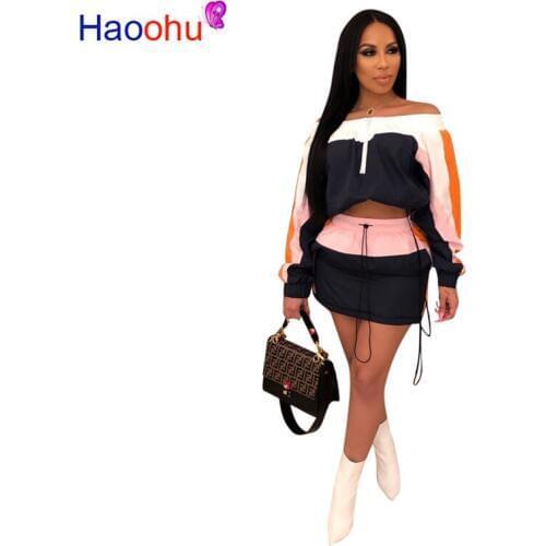 HAOOHU Sexy 2 Piece Matching Sets Summer Clothes For Women Slash Neck Long Sleeve Crop Top And Bodycon Mini Skirt Tracksuits