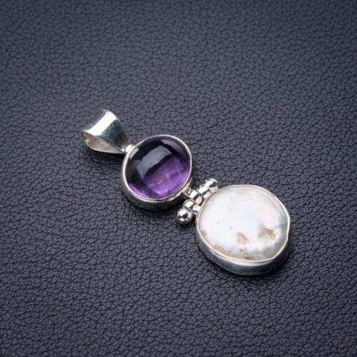 StarGems Natural Biwa Pearl And Amethyst Handmade 925 Sterling Silver Pendant 1.75" E0350