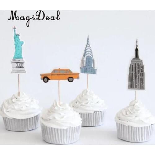 24pcs New York Empire State Yellow Taxi Statue Liberty Cupcake Topper Cake Decoration Wedding Birthday Baby Shower Food Picks
