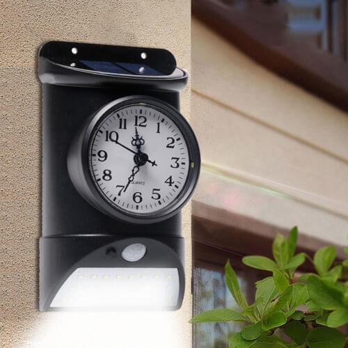 Solar Outdoor Wall Lamp Body Infrared Detecion+LightControl IP44 White Light Black/Brown Wood Grain Clock/Hygrometer/Thermometer