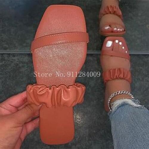 Women Pleated Band Slippers 2021 INS Hot Summer Slides Fashion Square Toe Shoes Woman Beach Flats Plus Size 35-43 Lady Footwear