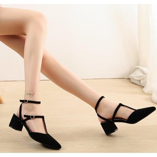 2020 New Fashion Woman Sandals Pointed Toe Thick Suede Single Shoes T-shaped Upper Buckle Shallow Mouth Female Shoes
