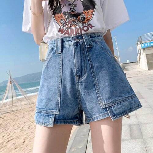 Womens Summer 2021 Girls Loose Mini Shorts New Fashion Thin Classic High Waist Wide Leg A-line Jeans Hot Pants