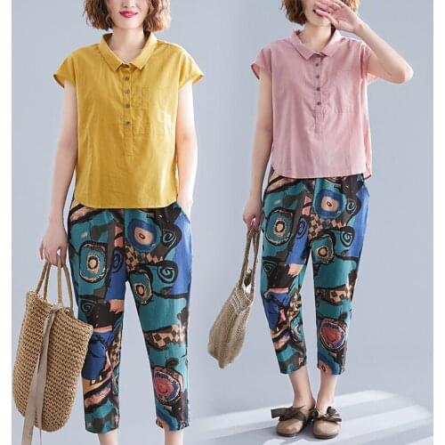 Summer 2 Piece Set Women Turn-Down Collar Short Sleeve TShirts + Cotton Linen Printing Loose Pants Suit Female Two-piece Suit