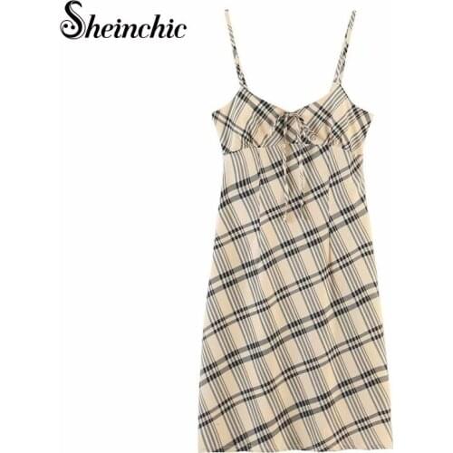 Runway Designers Sexy Spaghetti Strap Plaid Dresses for Women 2021 Summer Elegant Bow Mini Dress Female