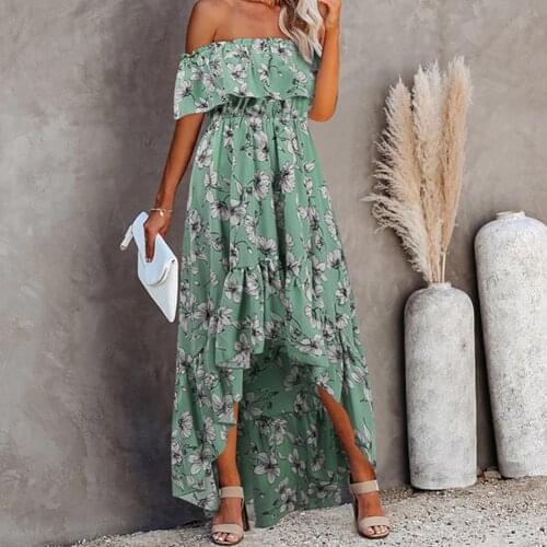 Womens Off-the-shoulder Dress 2021 Short Sleeve One-Word Neck Off Shoulder Floral High Waist Princess Long Dress Elegant Beach