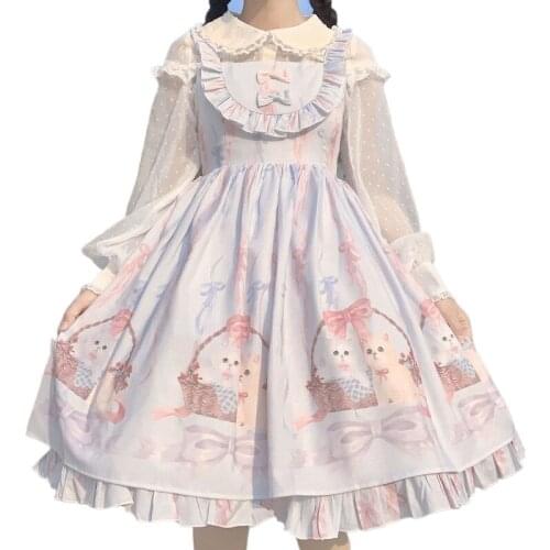 Kawaii Lolita Dress Women Spring Summer Girls JSK Cute Cats Tea Party Ruffles Slip Dresses Free Shipping