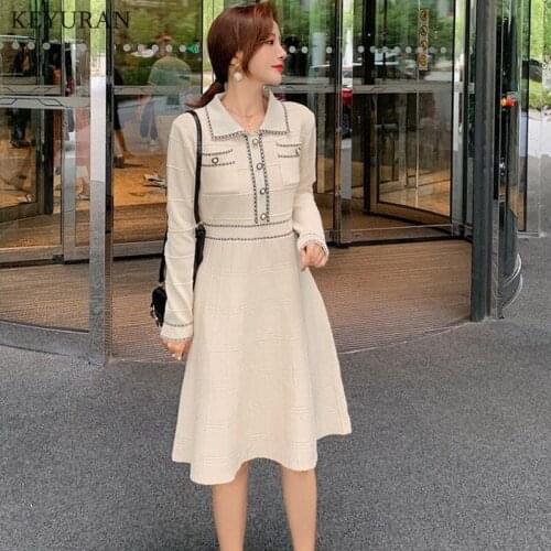 2021 New Autumn Winter Knitted Dress Women Elegant Vintage Long Sleeve Sweater Dresses Lady Runway Knitting Dress Party Vestido