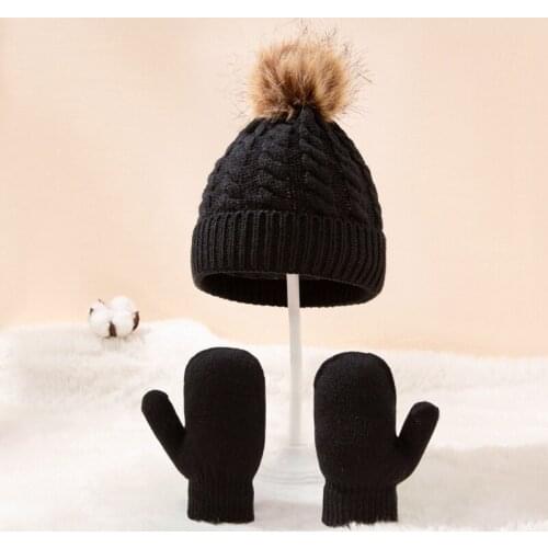 Winter Warm Baby Solid Color Hat Gloves Set Fur Ball Beanies Cap Mitten Kit Children Girls Boys Knitted Hemming Hat