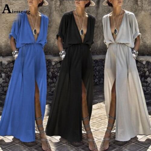 Aimsnug 2021 Plus size 3xl Women Elegant Long Maxi Dress Vintage High Split Dresses Slim Waist Femme Robe Summer Beach Dresses