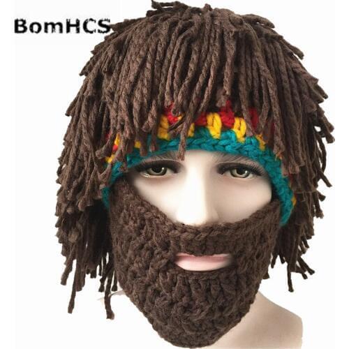 BomHCS Halloween Gift Wig Beard Hats Hobo Mad Scientist Rasta Caveman Handmade Knit Warm Winter Caps Funny Party Mask Beanies