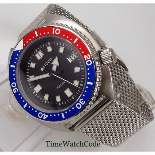 45mm Automatic Mens Watch Japanese Genuine NH35A Black Dial Sapphire Glass Date Mesh Strap Green Lume Bliger Aluminum Bezel