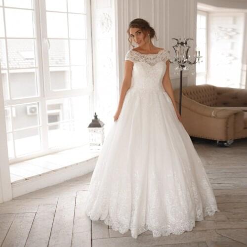 Elegant Scoop Cap Sleeves Lace Wedding Dresses A-line Bridal Gown Tulle Sweep Train Bride Dress Robe de Mariage