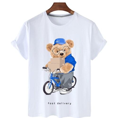 Pure Cotton Send Express Bear Print Short-sleeved O-neck Loose Casual Top T-shirt Female Oversized T-shirt Half Sleeve S-3XL