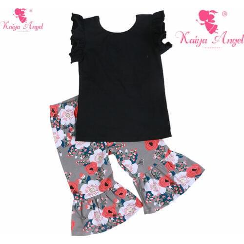 Kaiya Angel Toddler Girls Summer Clothing Black Cotton Top Light Gray Peach Peony Flower Pants Cute Boutique Kids Set Wholesale