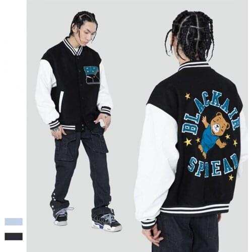 2021 Autumn Winter Fashion Campus Jacket Cute Bear Flocking Color Block Loose Coats Men and Women Stand Collar Baseball Jackets