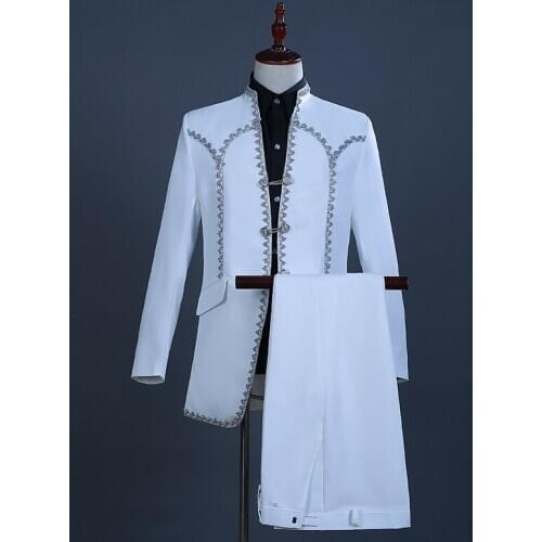 Male Europe Style Stand Collar White Wedding For Men DJ Prince Stage Singer Men Suits With Pants Costume Homme Slim Fit DT1478