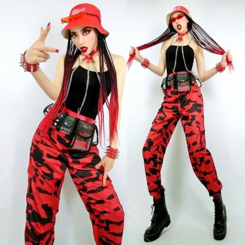 Jazz Dance Clothes Women Street Dance Costume Red Camouflage Pants Sexy Nightclub DJ Hip Hop Clothing Performance Wear DNV14668