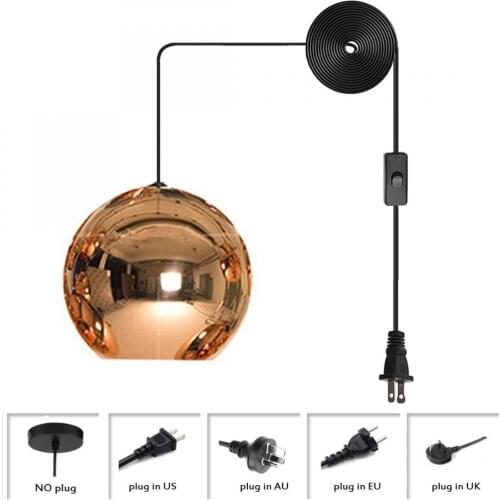 Pendant Light Plug In Hanging Cord Electroplated Glass Spherical Chrome Ceiling Light Hollow Ceiling Lighting (Antique Brass)
