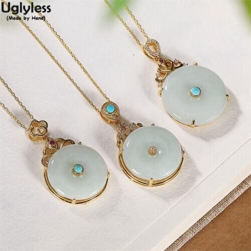 Uglyless Peace Buttons Nature Emerald Necklaces for Women Classic Blank Gemstones Pendants NO Chain 925 Silver Turquoise Jewelry
