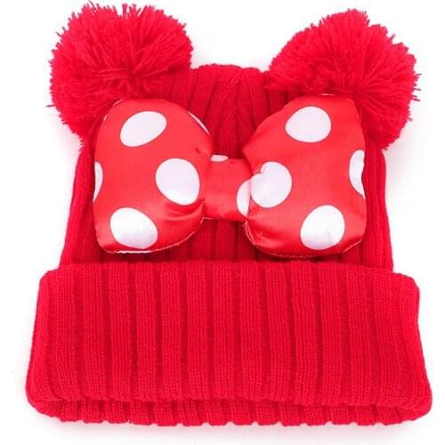 New Cute Polka Dot Cartoon Big Bow Elastic Baby Hat Childrens Knit Cotton Beans Autumn Winter Warm Girl Kids Double Pompom Cap