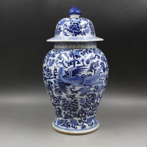 Qing Dynasty Kangxi Year Blue And White Wear Flower Phoenix Pattern Porcelain Ginger Jar Antique ceramic temple jar