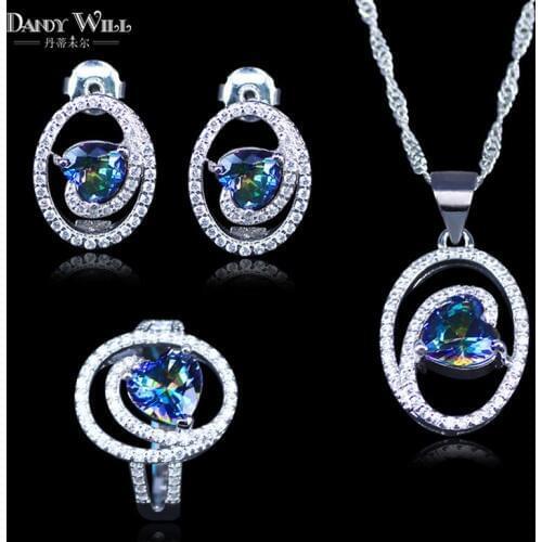 Amazing Rainbow Cubic Zirconia Jewelry Set Silver Color Earrings/Pendant/Necklace/Ring Best Party Present