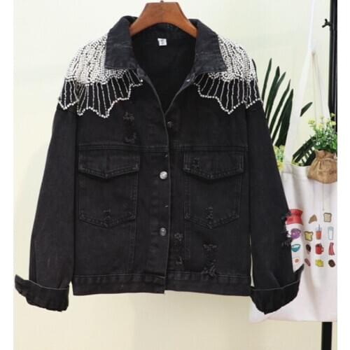 2020 New Korean Black Denim Jacket Autumn Personality Back Luxurious Female Coat Beading Loose Streetwear Short Jean Jacket