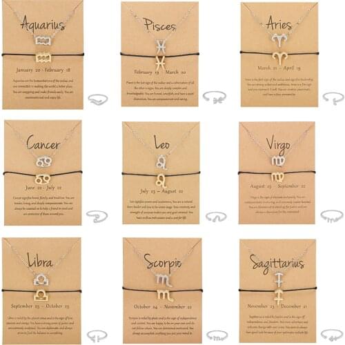 Female Elegant Star Zodiac Sign 12 Constellation Necklace Bracelet Rings Set Charm Chain Jewelry Set for Women Jewelry Cardboard