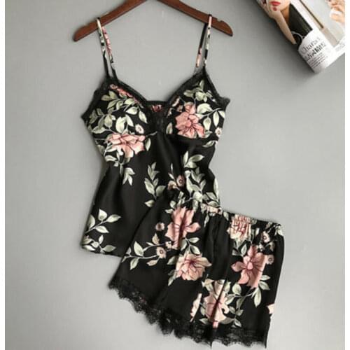 2PCS Women Silk Satin Lace Robe Crop Tops Shorts Sleepwear Floral Print Lace Babydoll Nightdress Pajamas Set