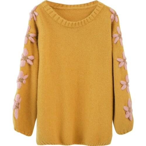 ZA 2020 New Floral Embroidery Knit Pullovers Sweater Women Autumn Winter New Solid Loose Womens Jumpers Chic Soft Knitwear