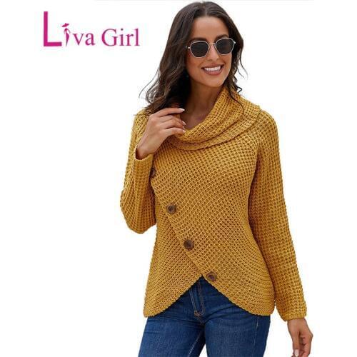 LIVA GIRL 2019 Winter Buttoned Wrap Plus Size Turtleneck Sweater Women New Casual Warm Asymmetric Burgundy Sweaters Pullover XXL