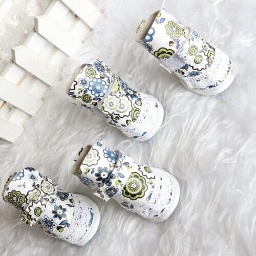 Winter PU Pet Dog Boots Shoes Floral Print Booties Dog Shoes for Puppy Chihuahua Leisure Fashion Shoes Pet Supplies XS S M L XL