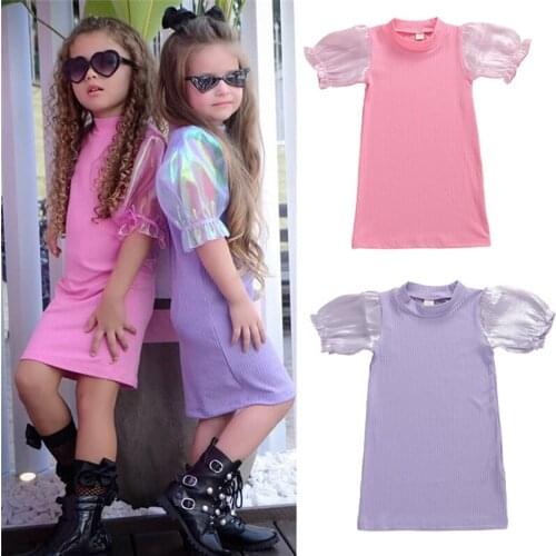 2020 Summer Fashion Infant Baby Girls Sweet Dress Ruffles Puff Sleeve Solid Straight Mini Dress 2 Colors