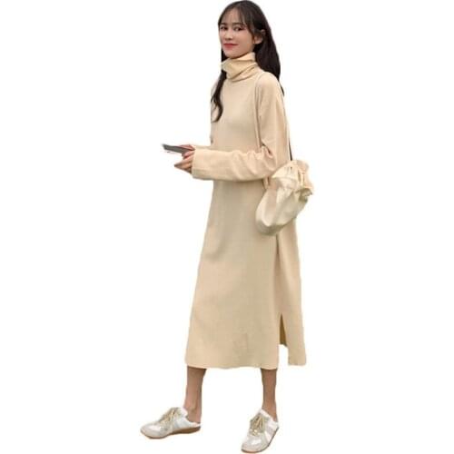 2020 Women Long Sleeve Sweater Dress Thick Warm Autumn Winter Dress Chic Women Turtleneck Mini Knitted Pullover Dresses b702