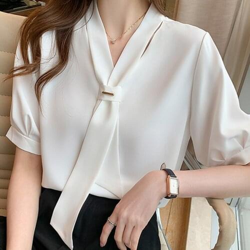 Summer Women V-Neck White Chiffon Blouse Shirt Tops Short Sleeve Blouse Women Blusas Mujer De Moda 2021 Blouses Top Femme E687