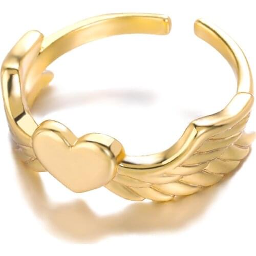 Vintage Fashion Love Heart Ring for Women Girl Stainless Steel Jewelry Gift Retro Wing Open Adjustable Geometric Finger Ring