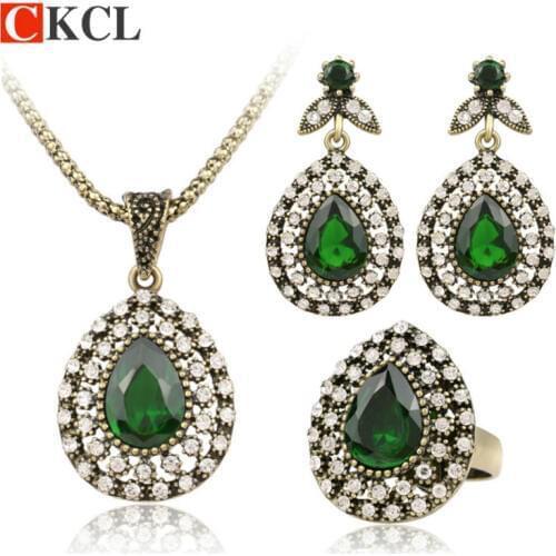 New Fashion Jewelry Set Charm Austrian Crystal Water Drop Ancient Bronze Three-Piece Wedding Accessories Turkey Jewelry