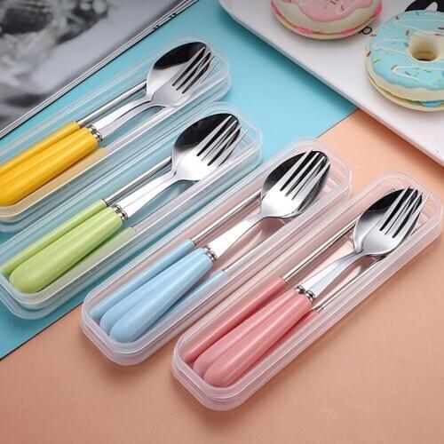 Candy color ceramic handle stainless steel tableware spoon fork chopsticks portable gift tableware set