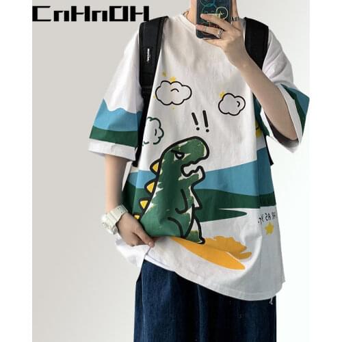 CnHnOH Summer New Short-Sleeved T-Shirt Male Loose Japanese Hip-Hop Tee Couples Comic Dinosaur Chic Half Sleeves SK-388