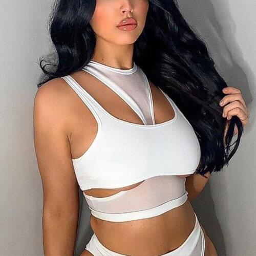 2021 Summer Women Sexy White Tee Shirts Hollow Out Tanks Sport Wear Skinny Vest O-Neck Cutout Front Sleeveless Top