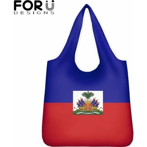 FORUDESIGNS Flag Of Haiti Printing Reusable Eco-Friendly Grocery Foldable Shopping Bags Women Shouler Bag Casaul Tote Hand Bags