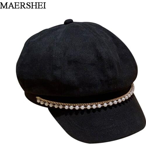 Fashion pearl chain beret women casual simple solid color octagonal hat painter hats