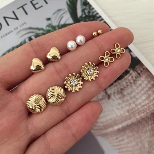 6/1Set Lovely Cute Stud Earring Set Gold Color Love Heart Cute Ball Clear Stone Inlay Flower Earrings For Women Daily Fashion