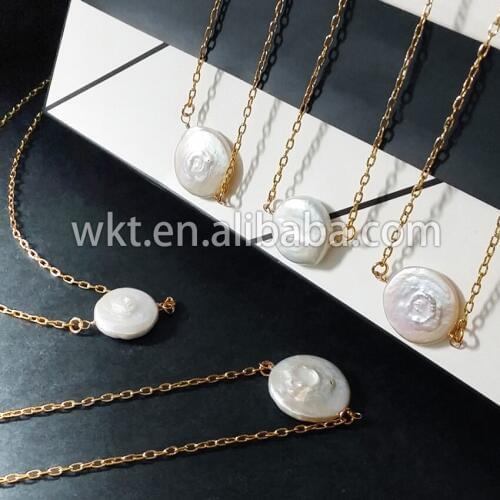 Wholesale Natural freshwater pearl necklace, petite pearl double loops necklace in 24k gold trim