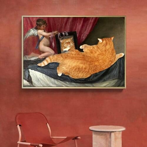 MUTU Poster Retro Fat Cat Animals Painting Art Wall Art Canvas Prints Angel Oil Painting Wall Picture Living Room Home Decor