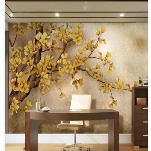 Custom wallpaper hand-painted Chinese ginkgo tree TV background wall painting waterproof material